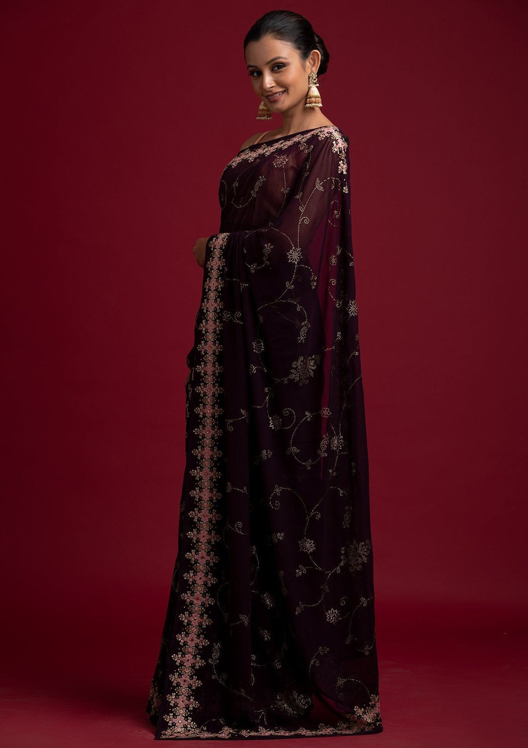 Wine Swarovski Georgette Designer Saree - koskii