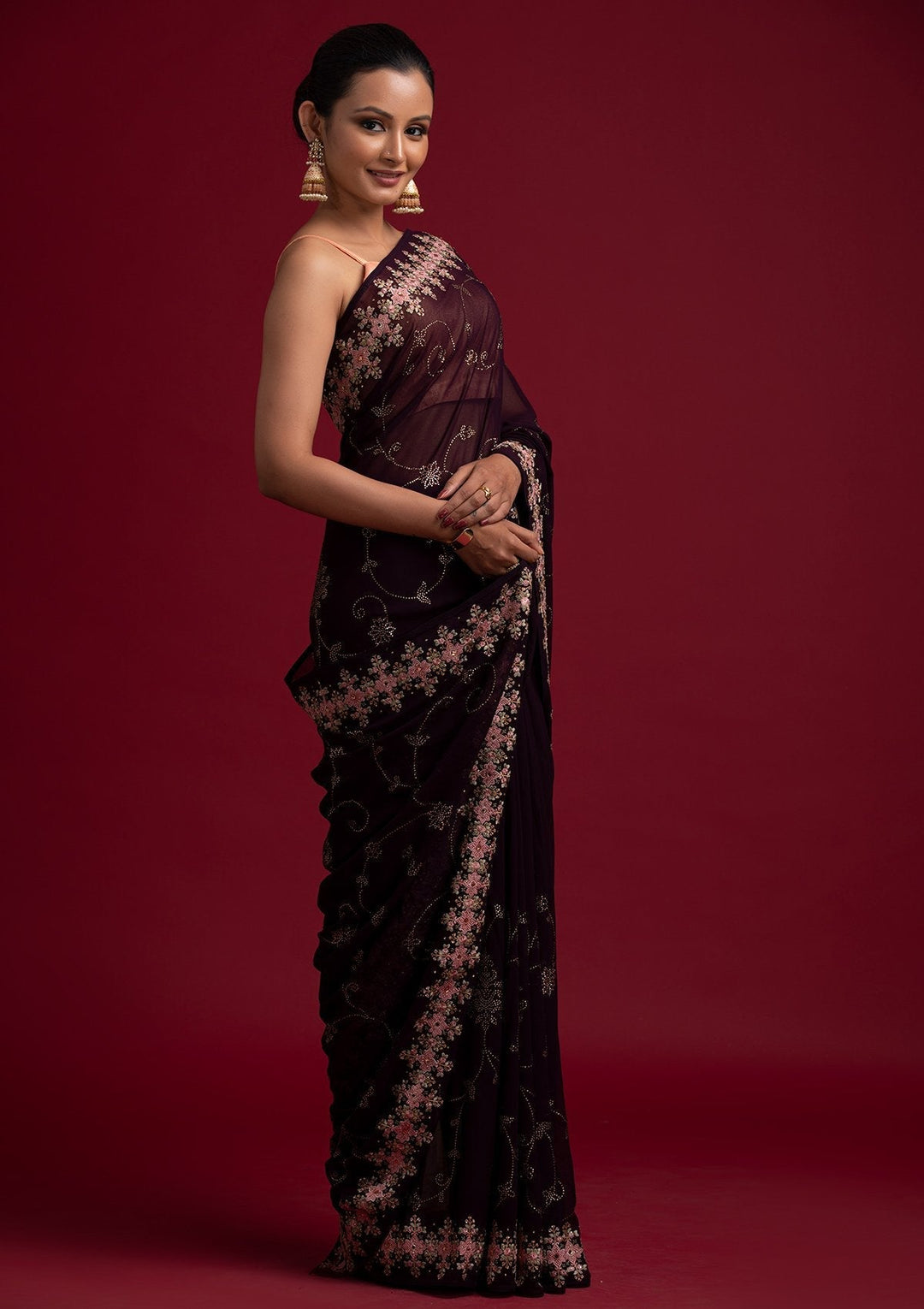 Wine Swarovski Georgette Designer Saree - koskii