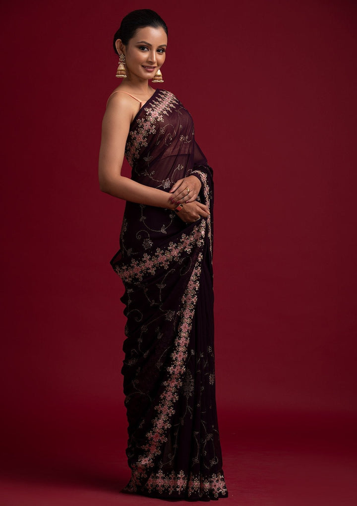 Wine Swarovski Georgette Designer Saree - koskii