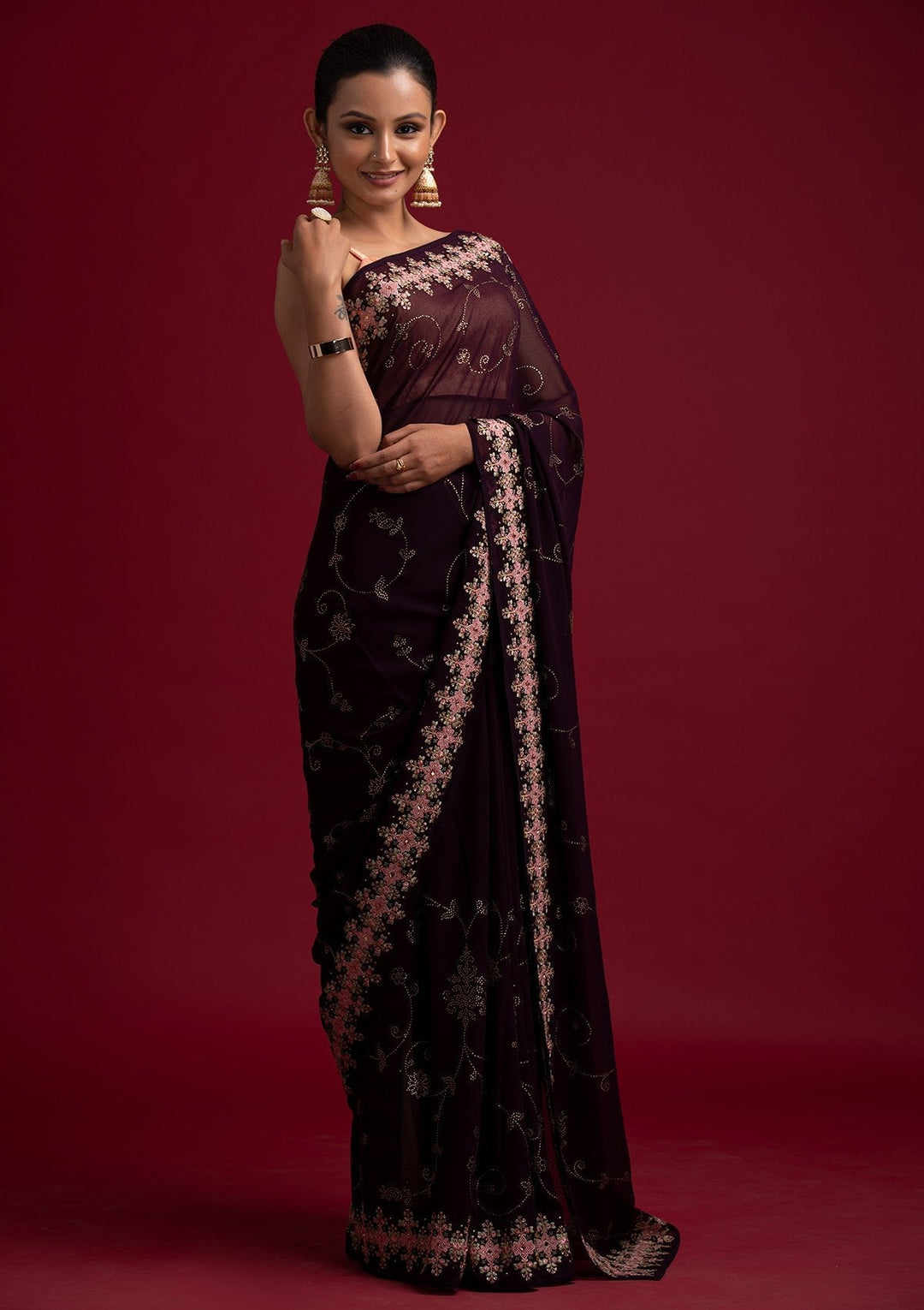 Wine Swarovski Georgette Designer Saree - koskii