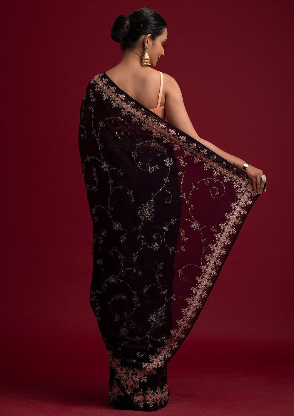 Wine Swarovski Georgette Designer Saree - koskii