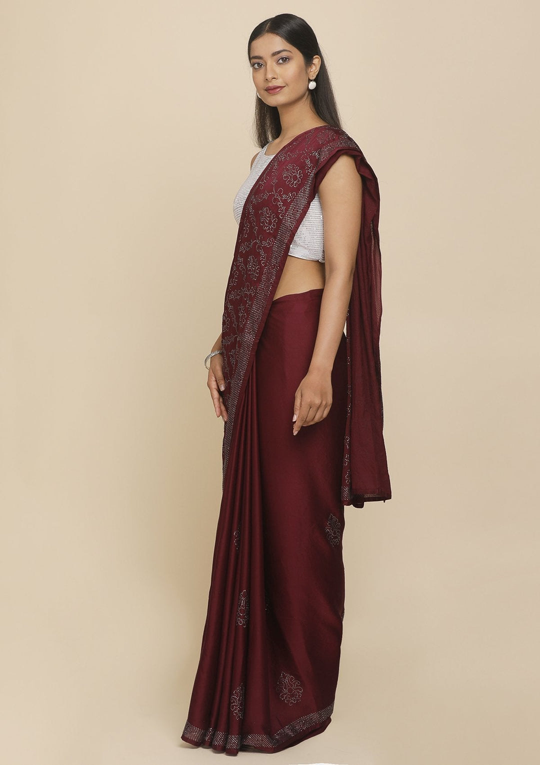 Wine Swarovski  Satin Designer Saree - koskii