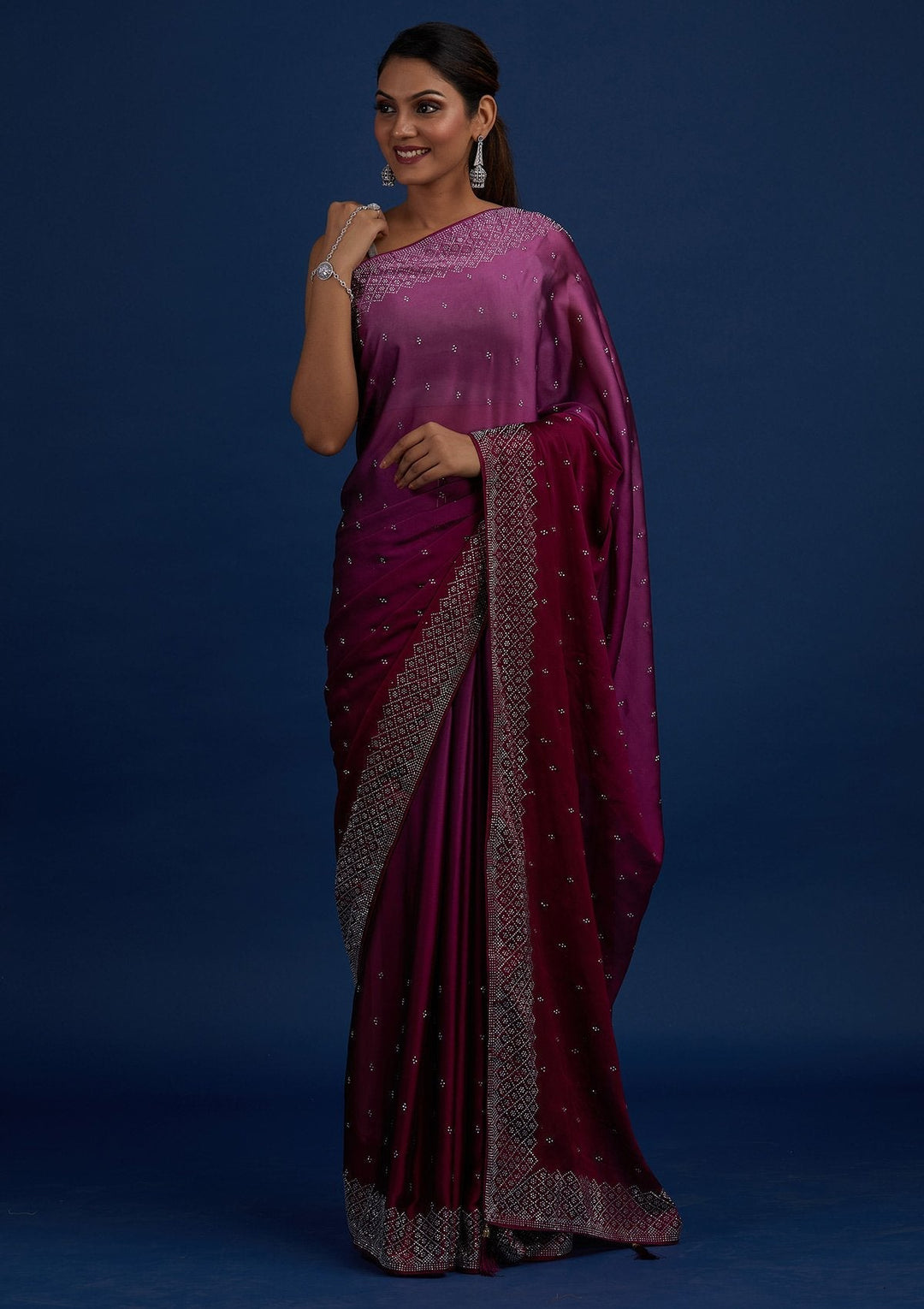 Wine Swarovski  Satin Designer Saree - Koskii