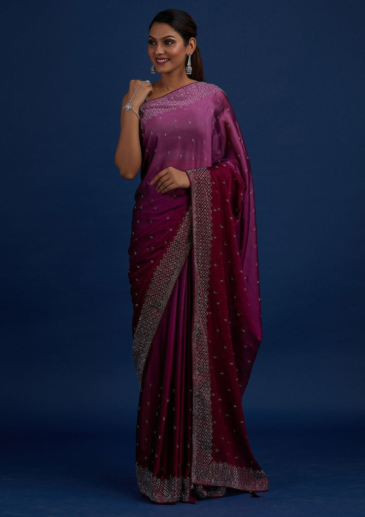 Wine Swarovski  Satin Designer Saree - Koskii
