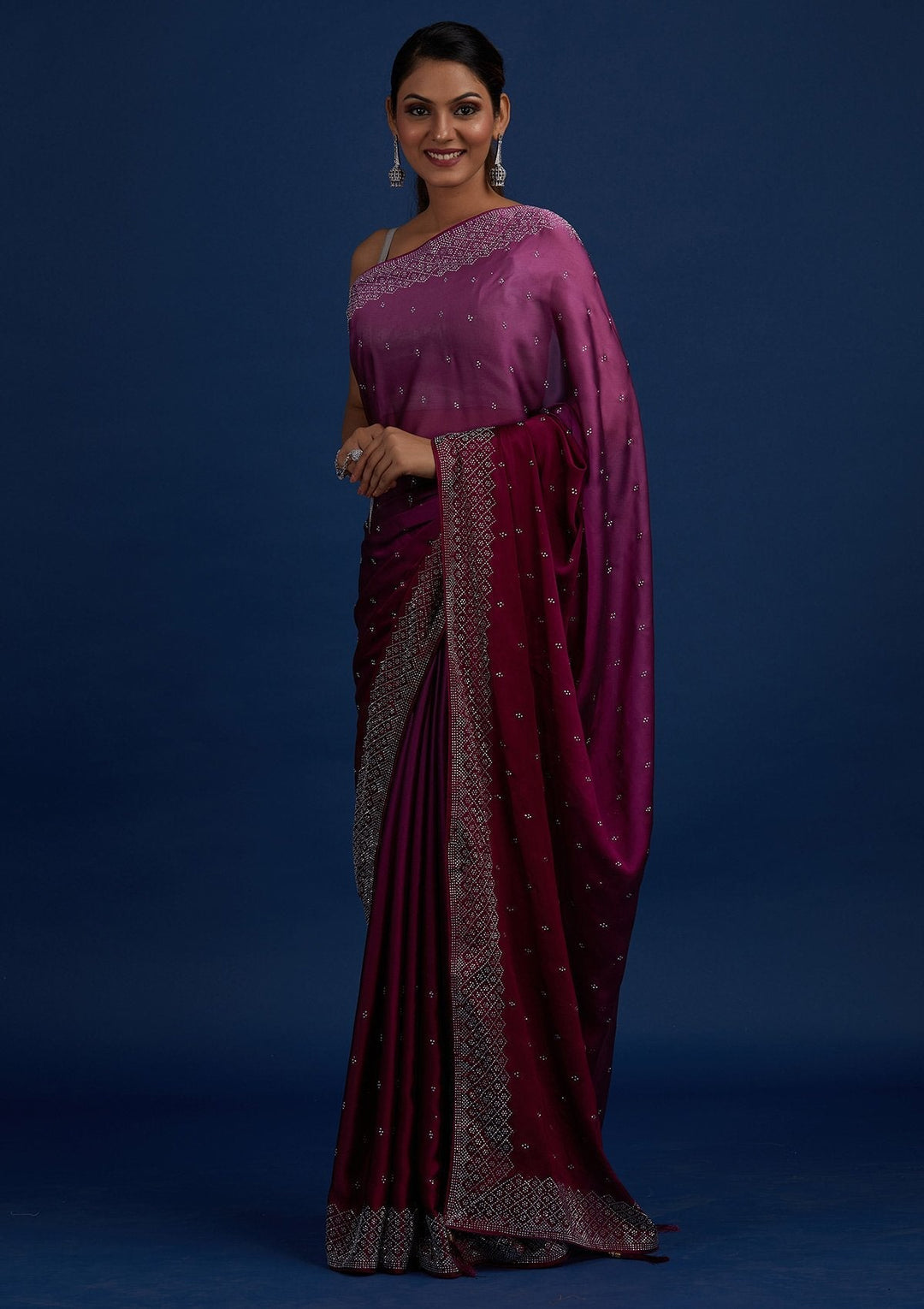 Wine Swarovski  Satin Designer Saree - Koskii