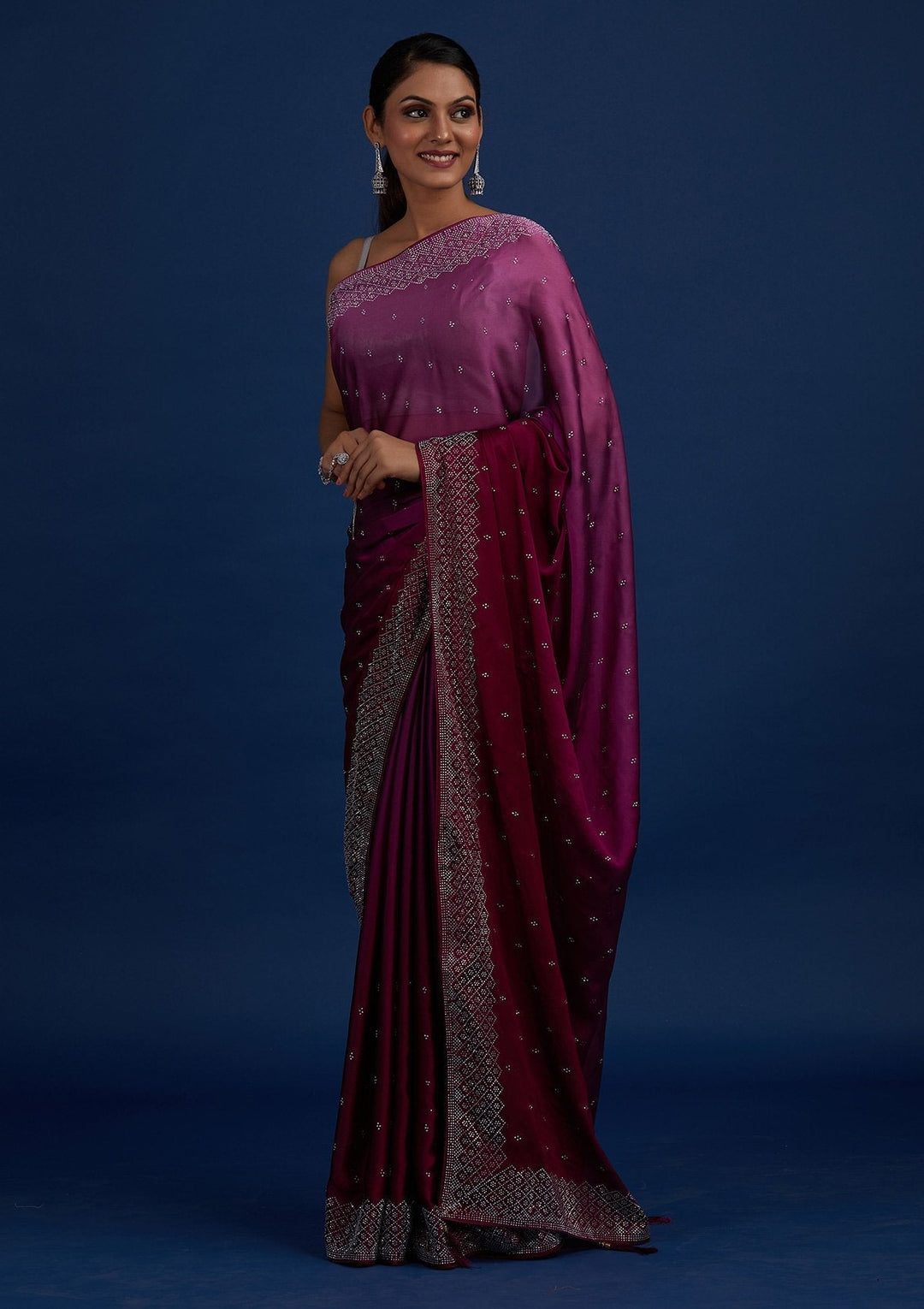 Wine Swarovski  Satin Designer Saree - Koskii