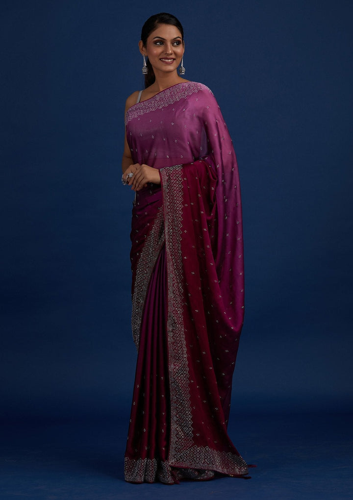 Wine Swarovski  Satin Designer Saree - Koskii