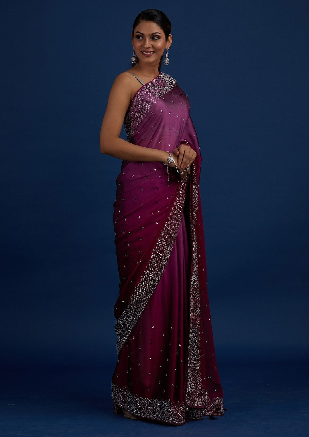 Wine Swarovski  Satin Designer Saree - Koskii