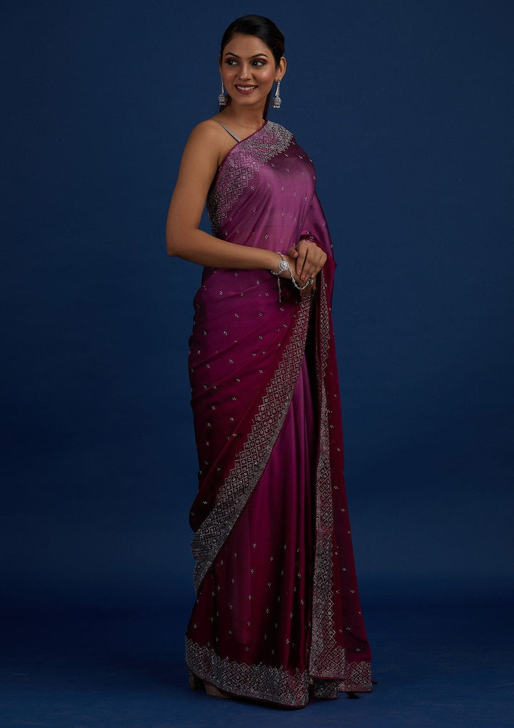 Wine Swarovski  Satin Designer Saree - Koskii