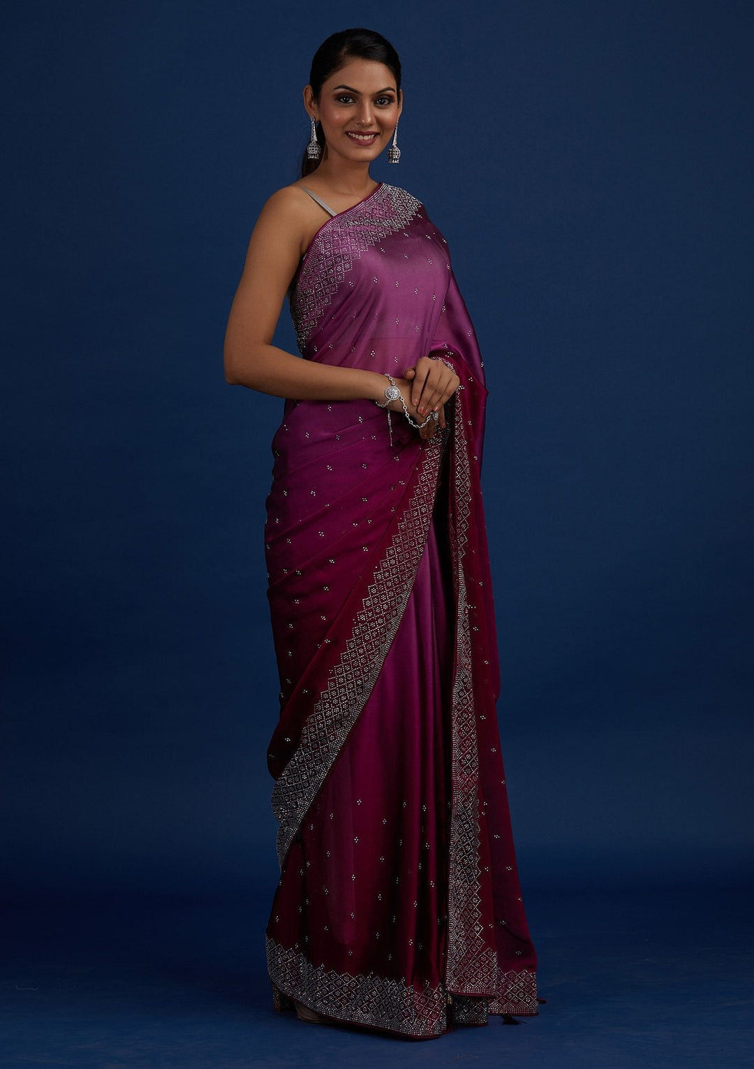 Wine Swarovski  Satin Designer Saree - Koskii