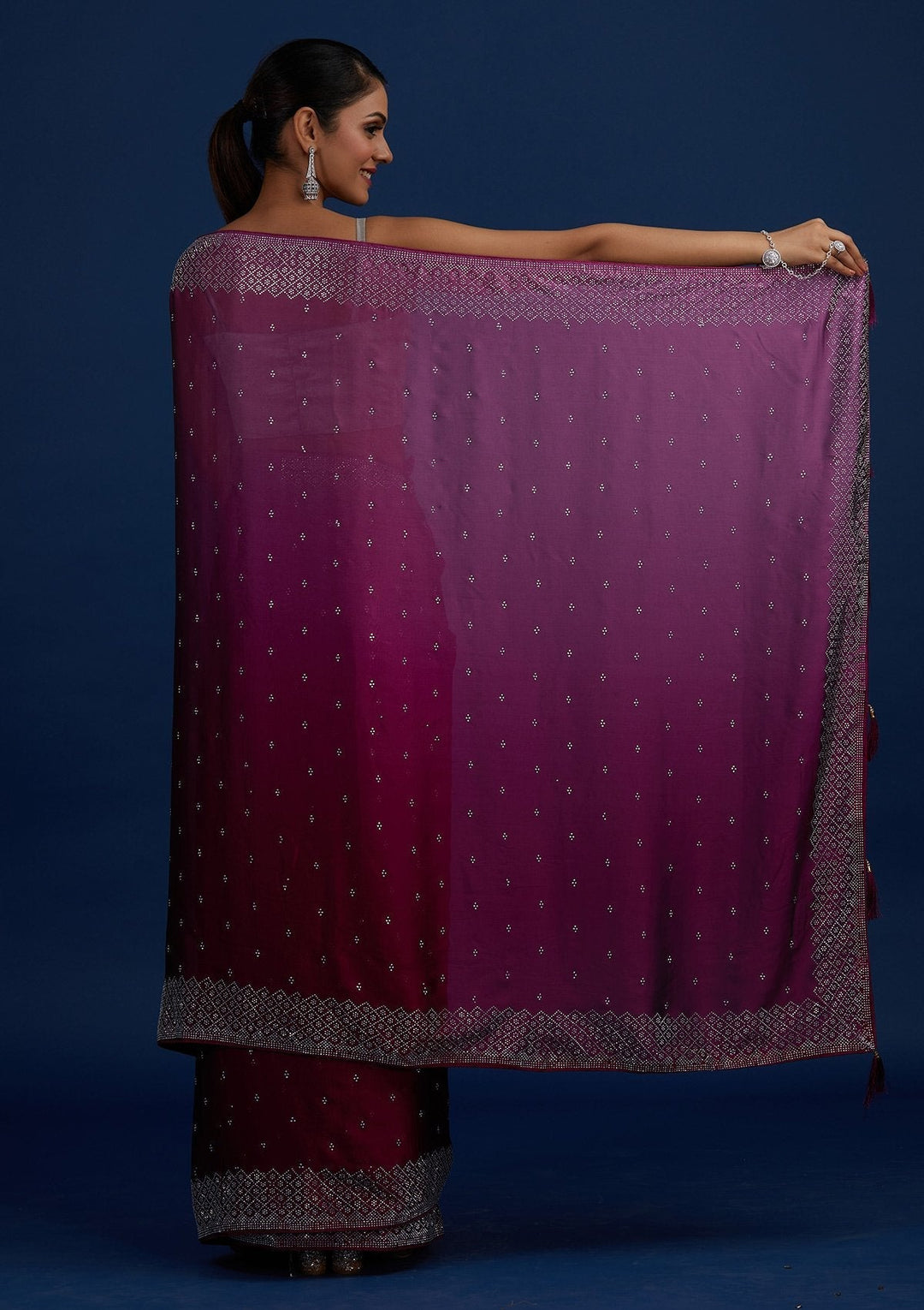 Wine Swarovski  Satin Designer Saree - Koskii