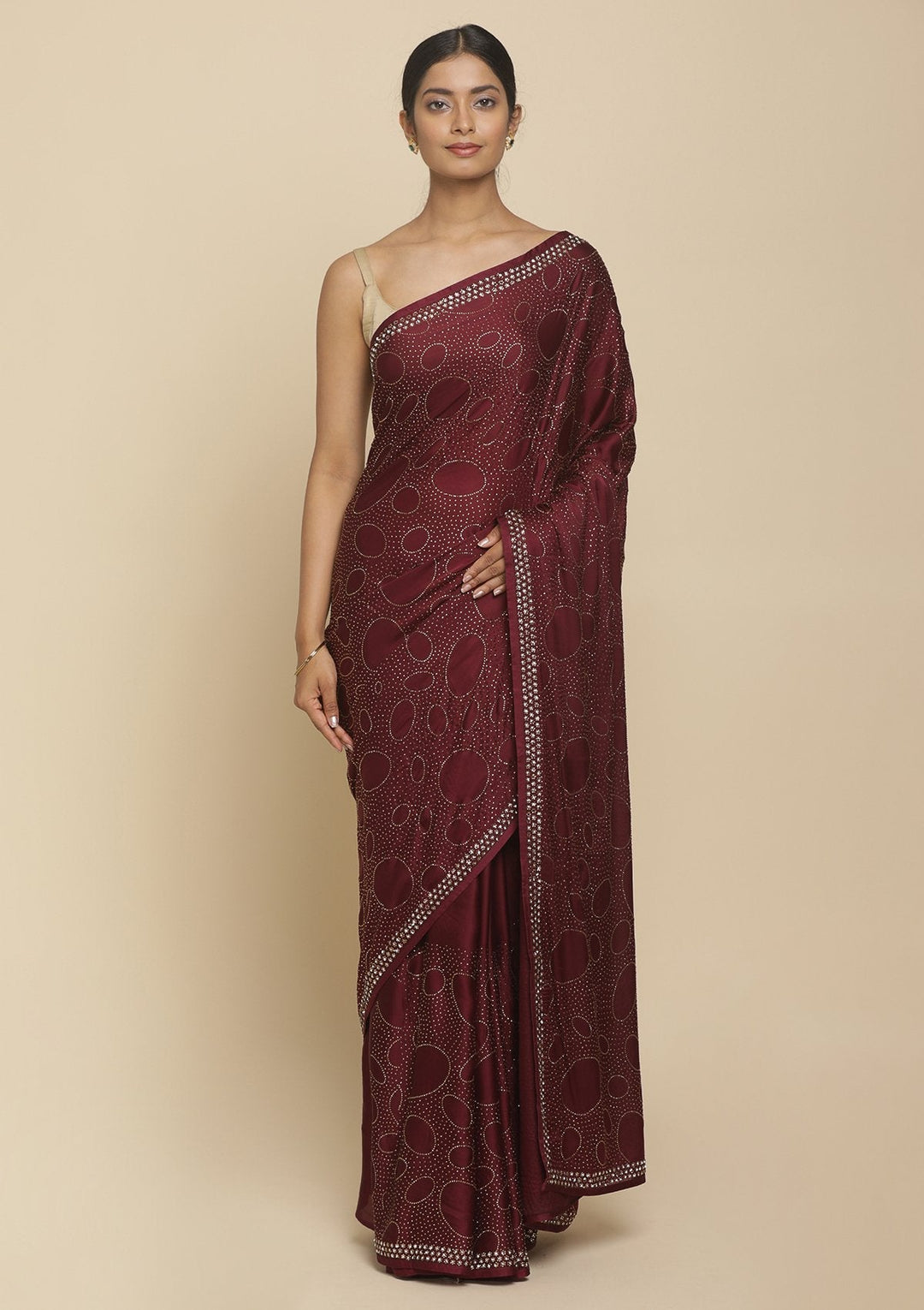 Wine Swarovski  Satin Designer Saree - koskii