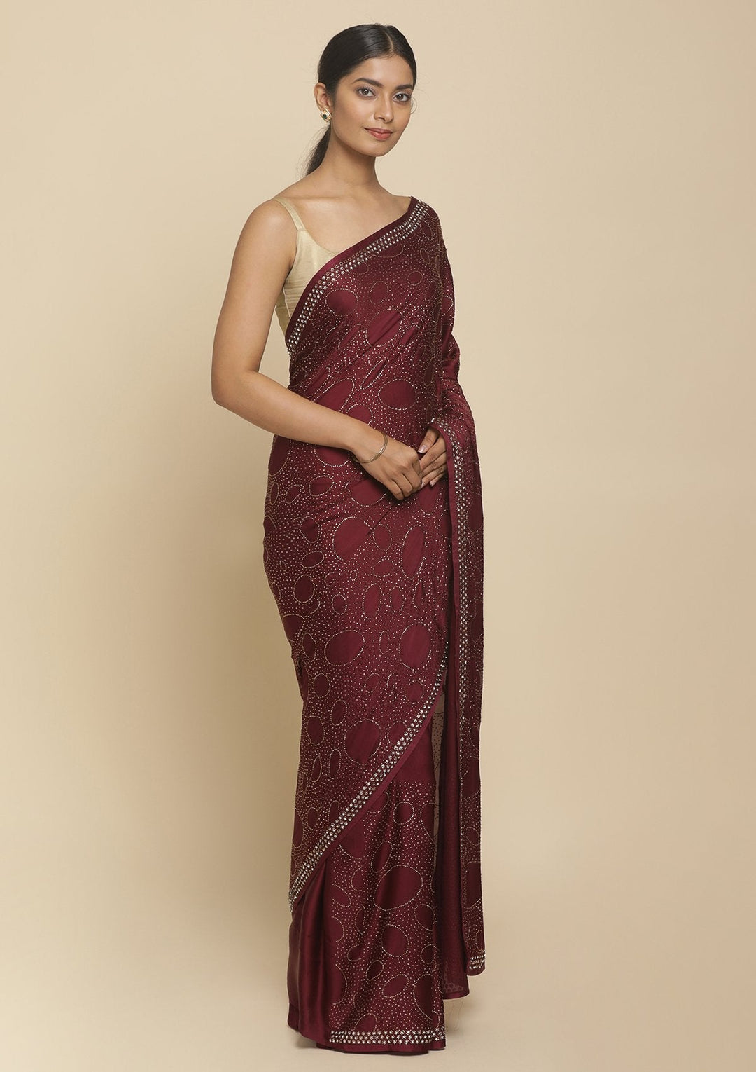 Wine Swarovski  Satin Designer Saree - koskii