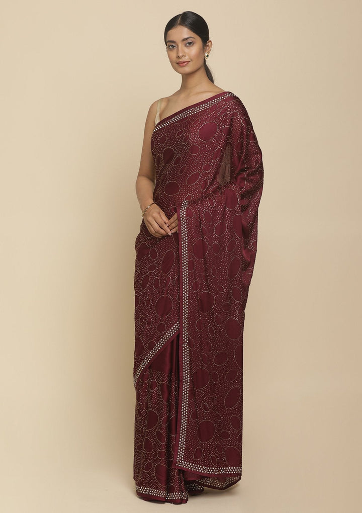 Wine Swarovski  Satin Designer Saree - koskii