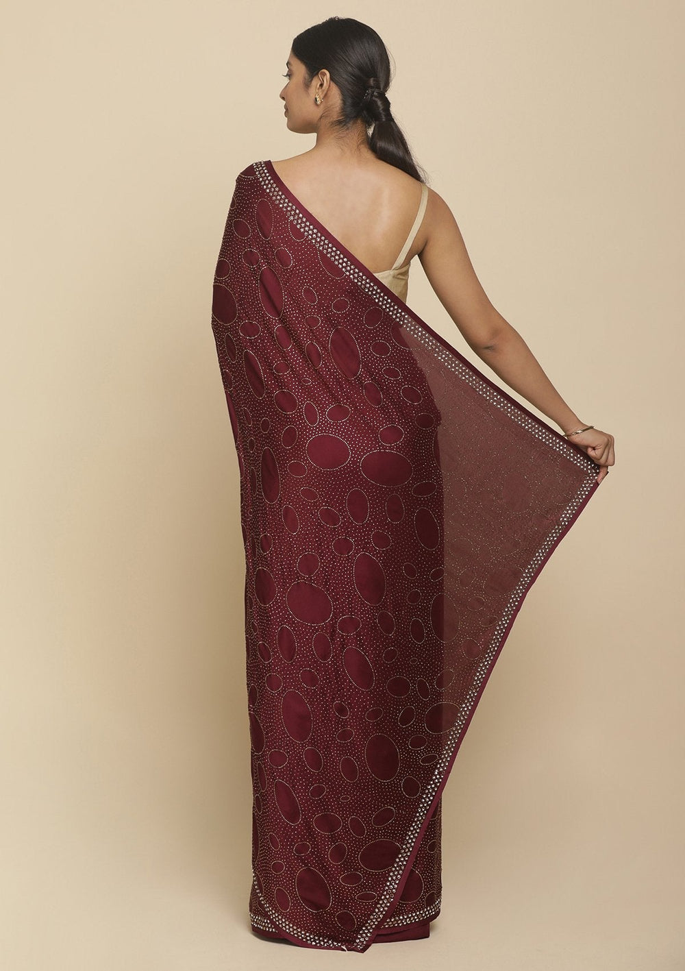 Wine Swarovski  Satin Designer Saree - koskii
