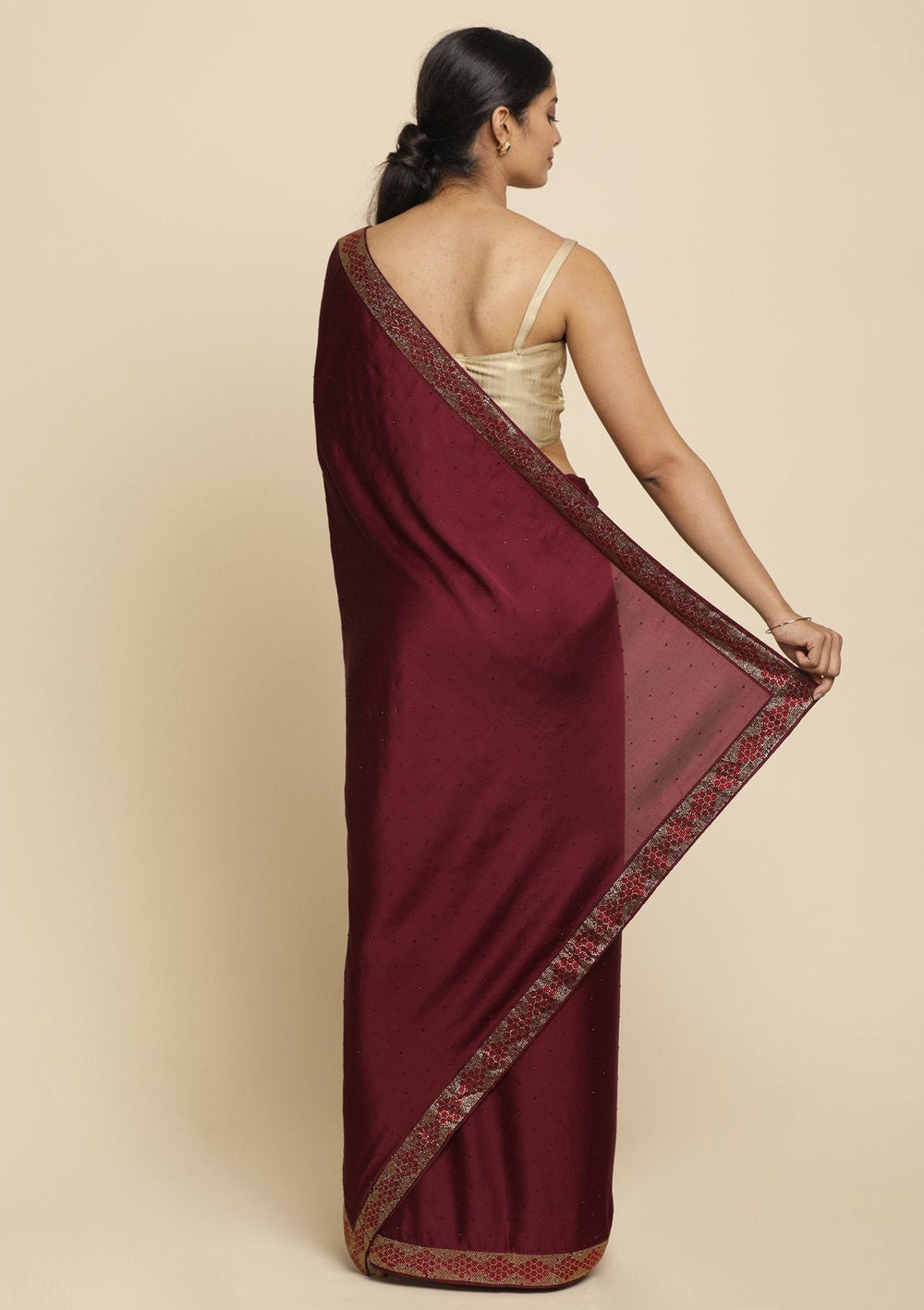Wine Swarovski  Satin Designer Saree - koskii