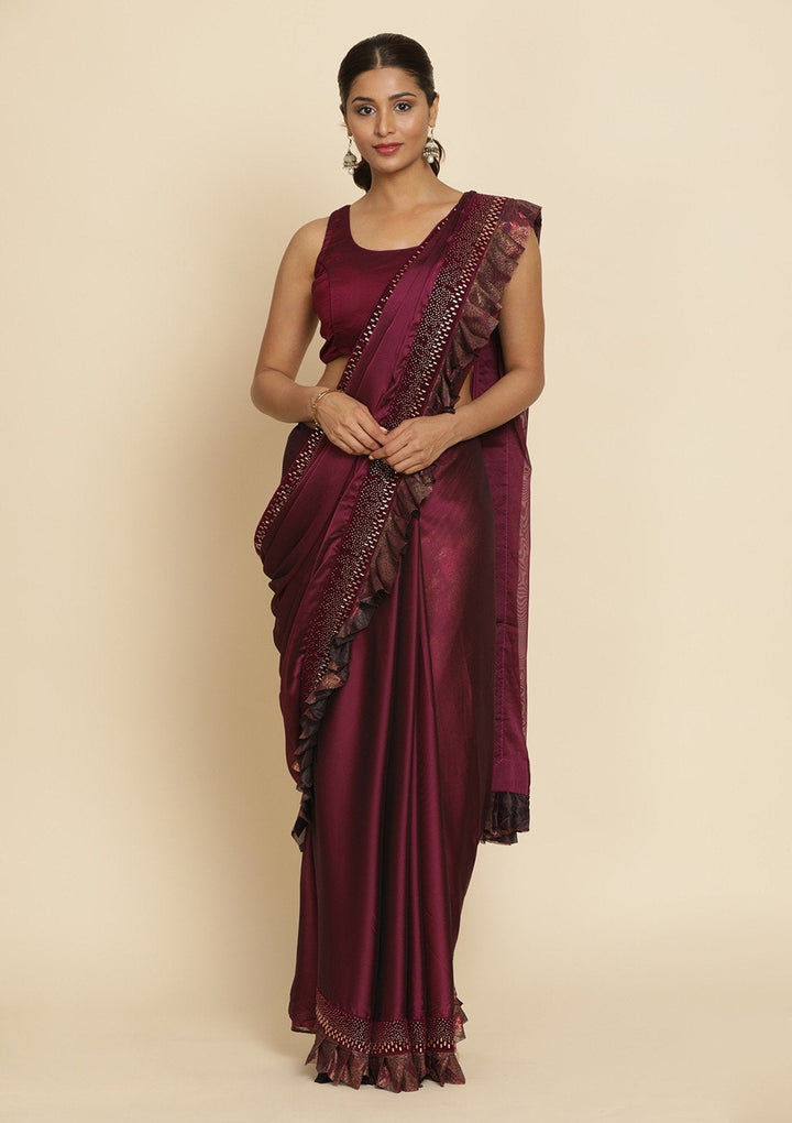 Wine Swarovski Semi Crepe Designer Saree - koskii