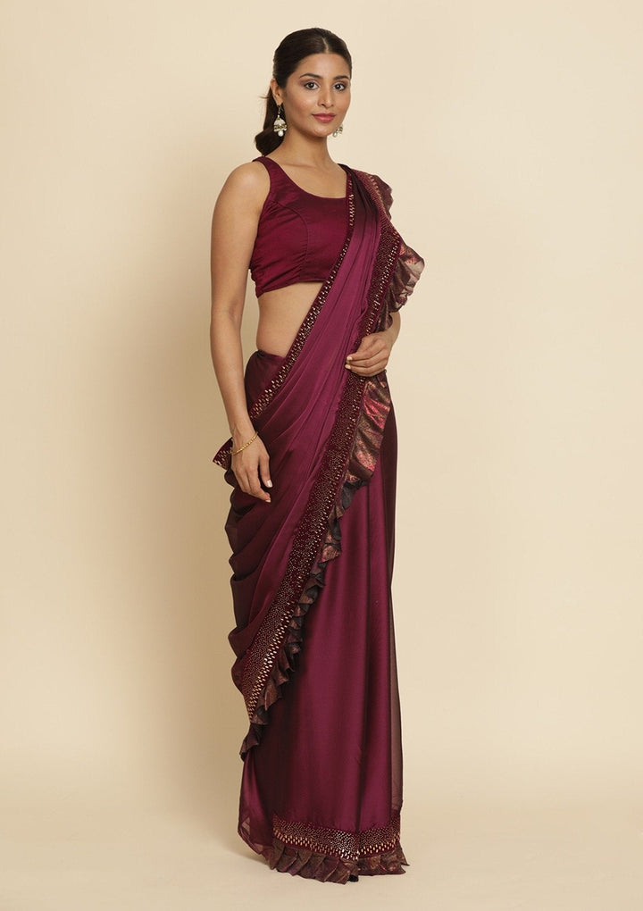 Wine Swarovski Semi Crepe Designer Saree - koskii