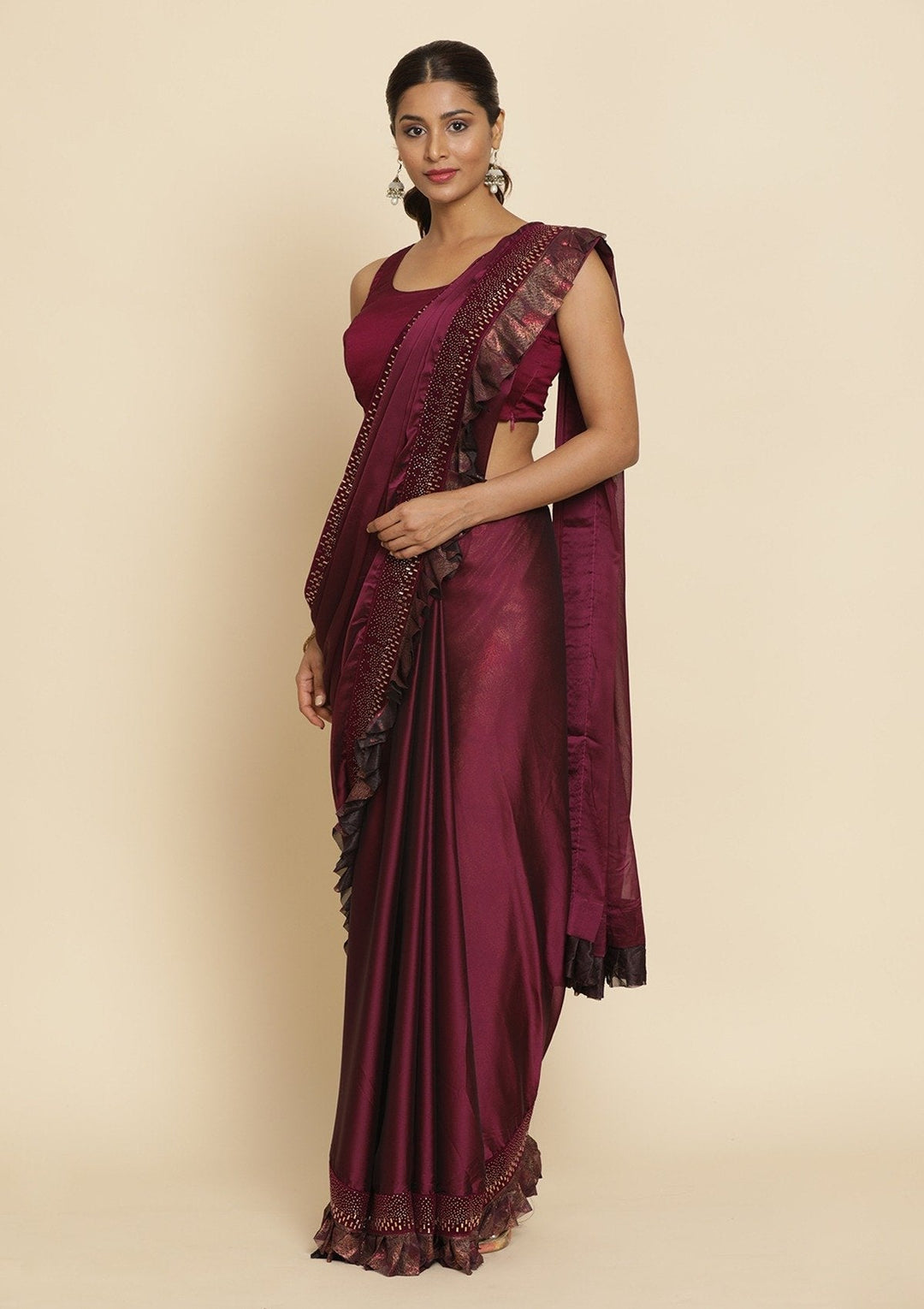 Wine Swarovski Semi Crepe Designer Saree - koskii
