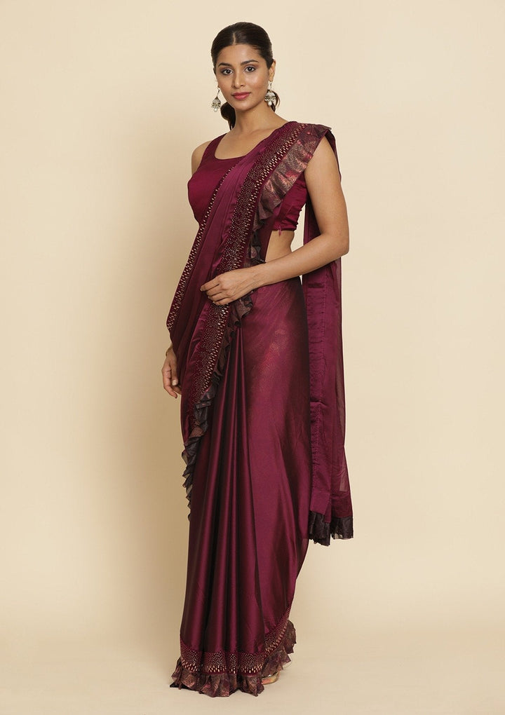 Wine Swarovski Semi Crepe Designer Saree - koskii