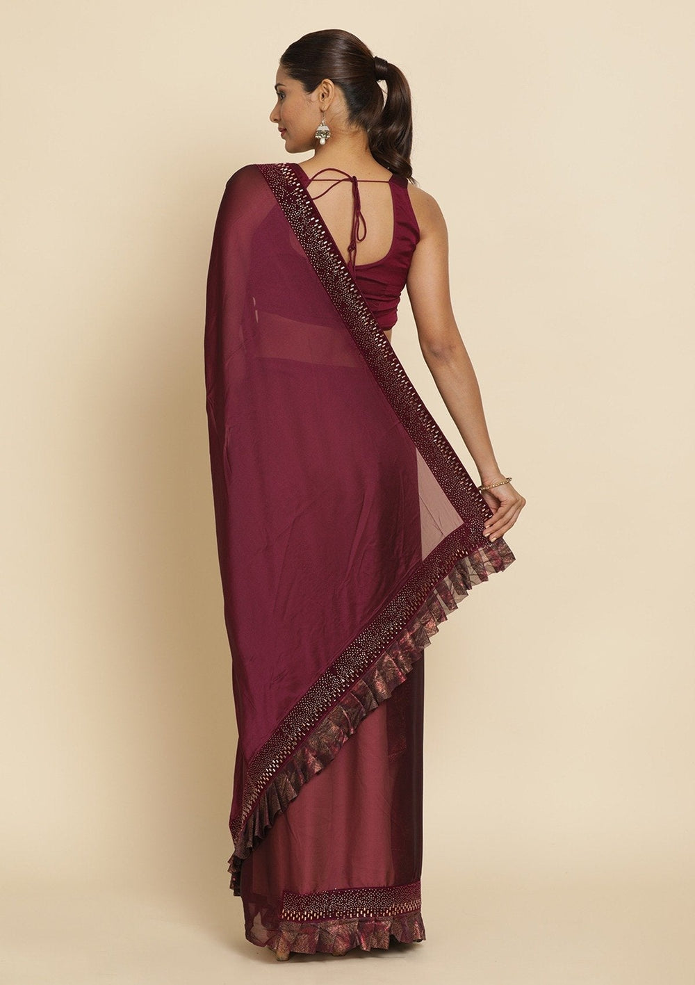 Wine Swarovski Semi Crepe Designer Saree - koskii
