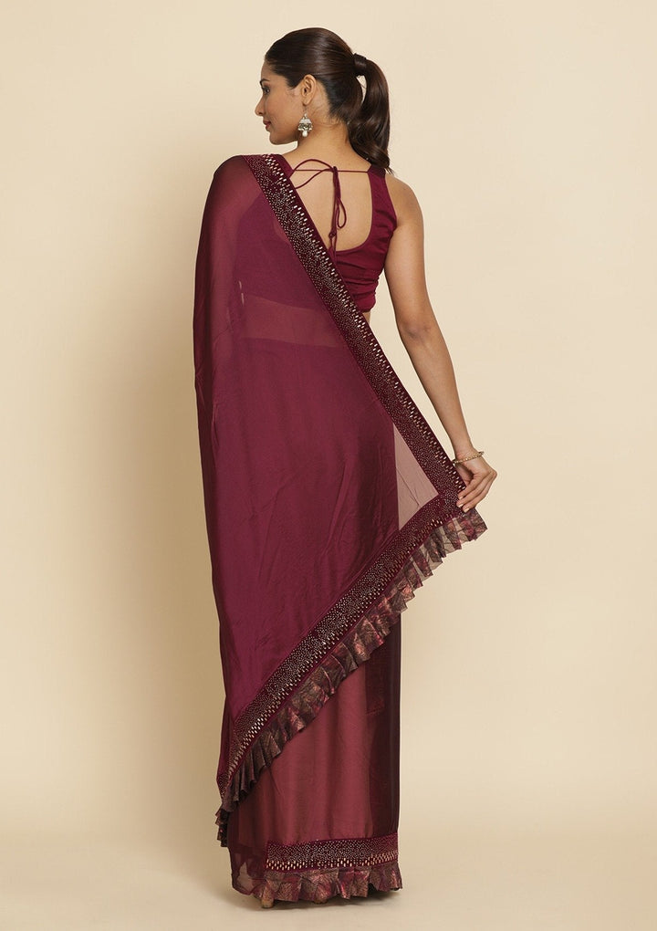 Wine Swarovski Semi Crepe Designer Saree - koskii