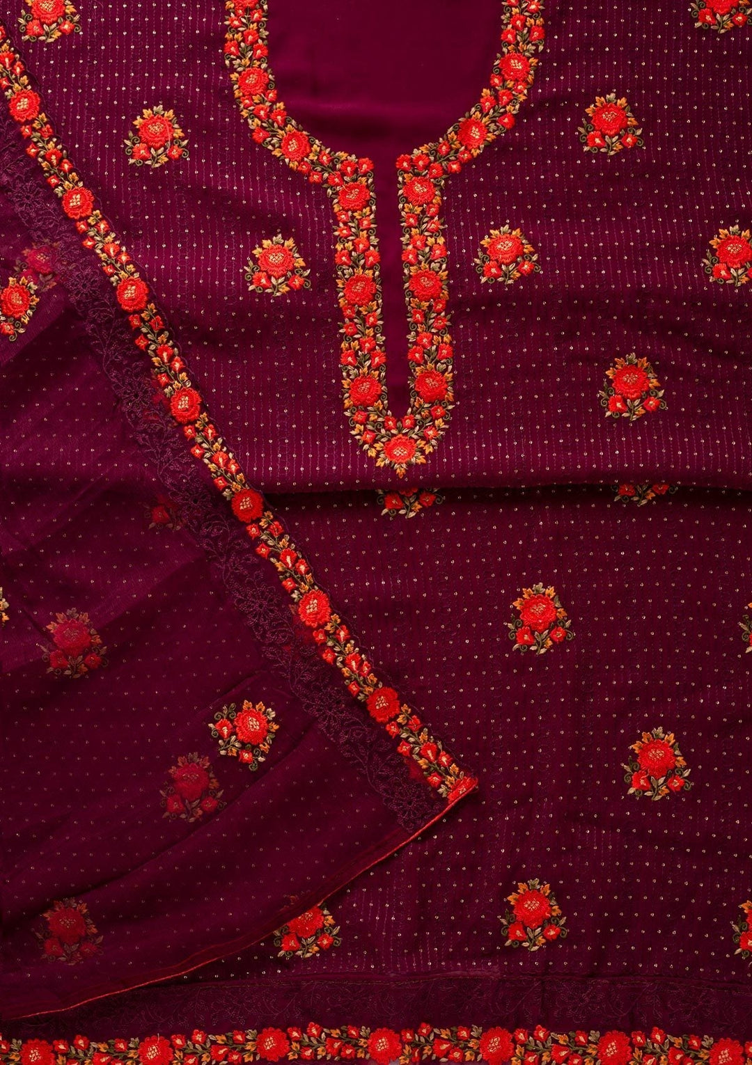 Wine Threadwork Georgette Designer Unstitched Salwar Suit - koskii