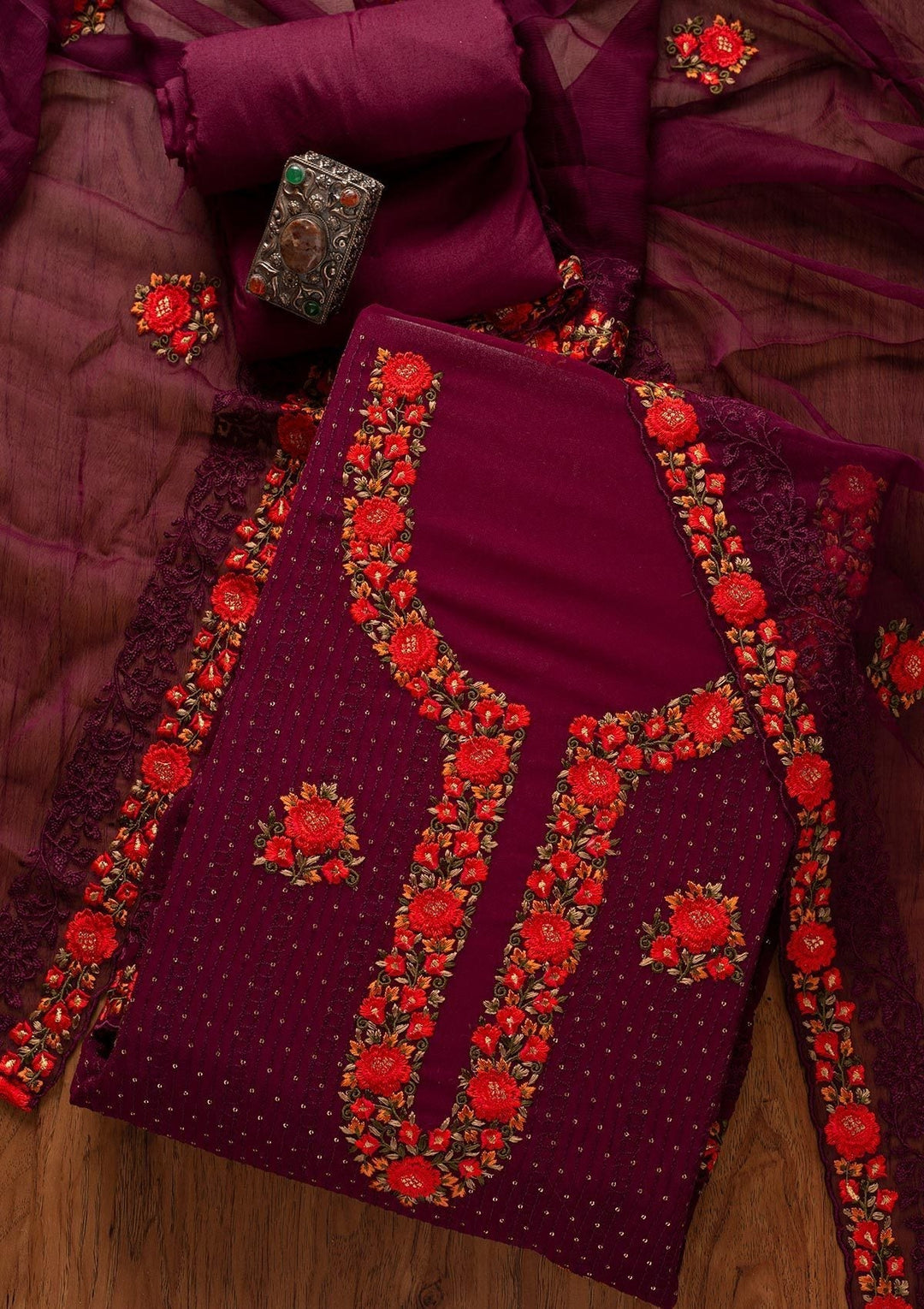 Wine Threadwork Georgette Designer Unstitched Salwar Suit - koskii