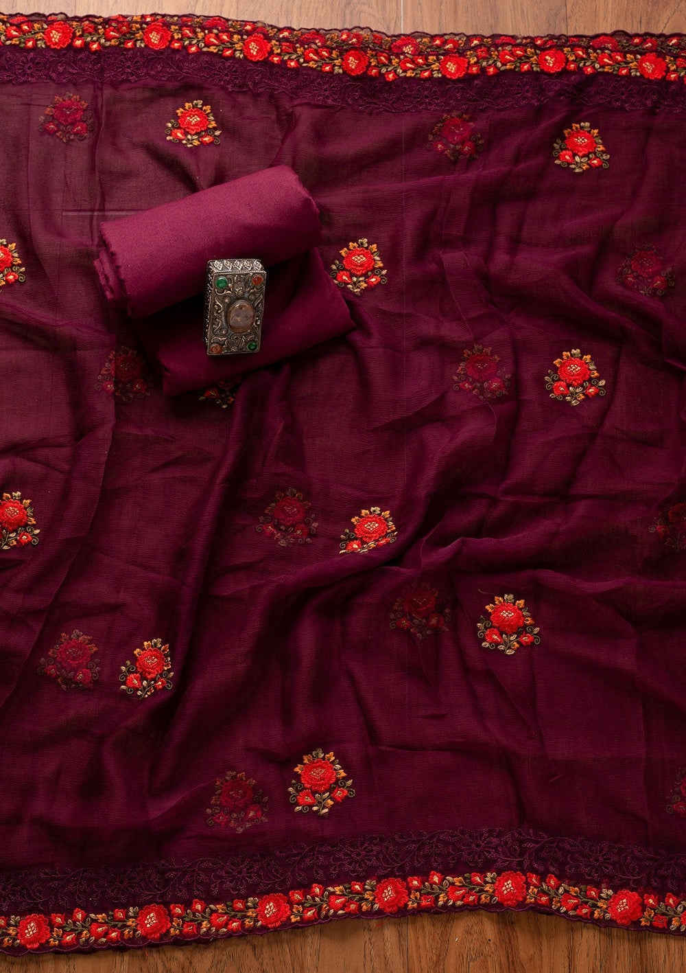 Wine Threadwork Georgette Designer Unstitched Salwar Suit - koskii