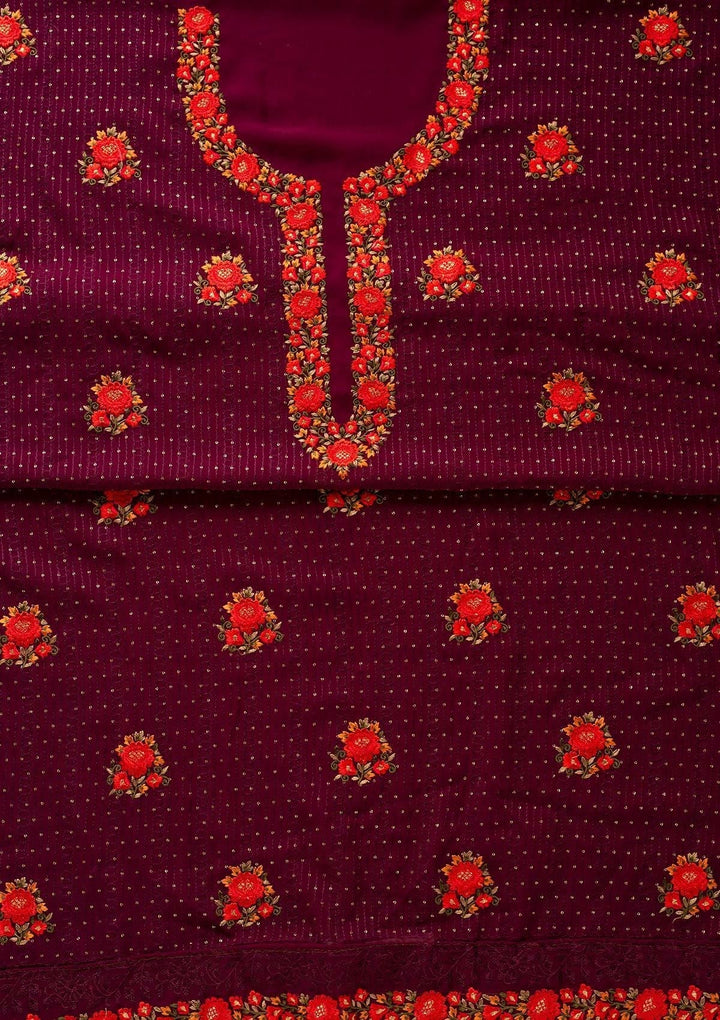 Wine Threadwork Georgette Designer Unstitched Salwar Suit - koskii