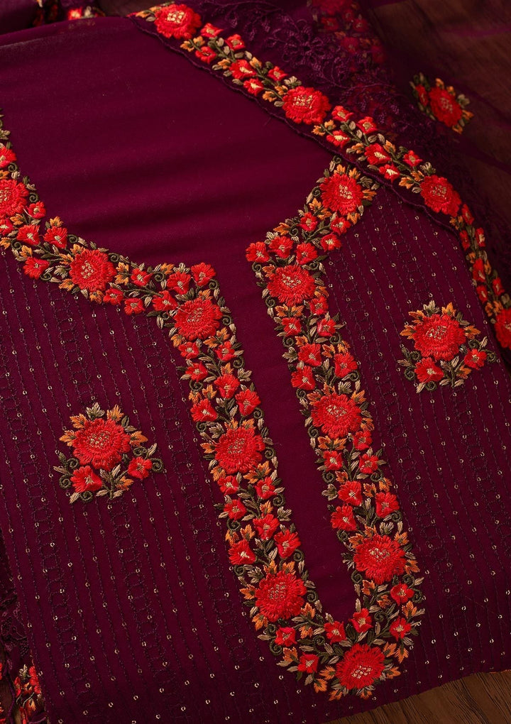 Wine Threadwork Georgette Designer Unstitched Salwar Suit - koskii