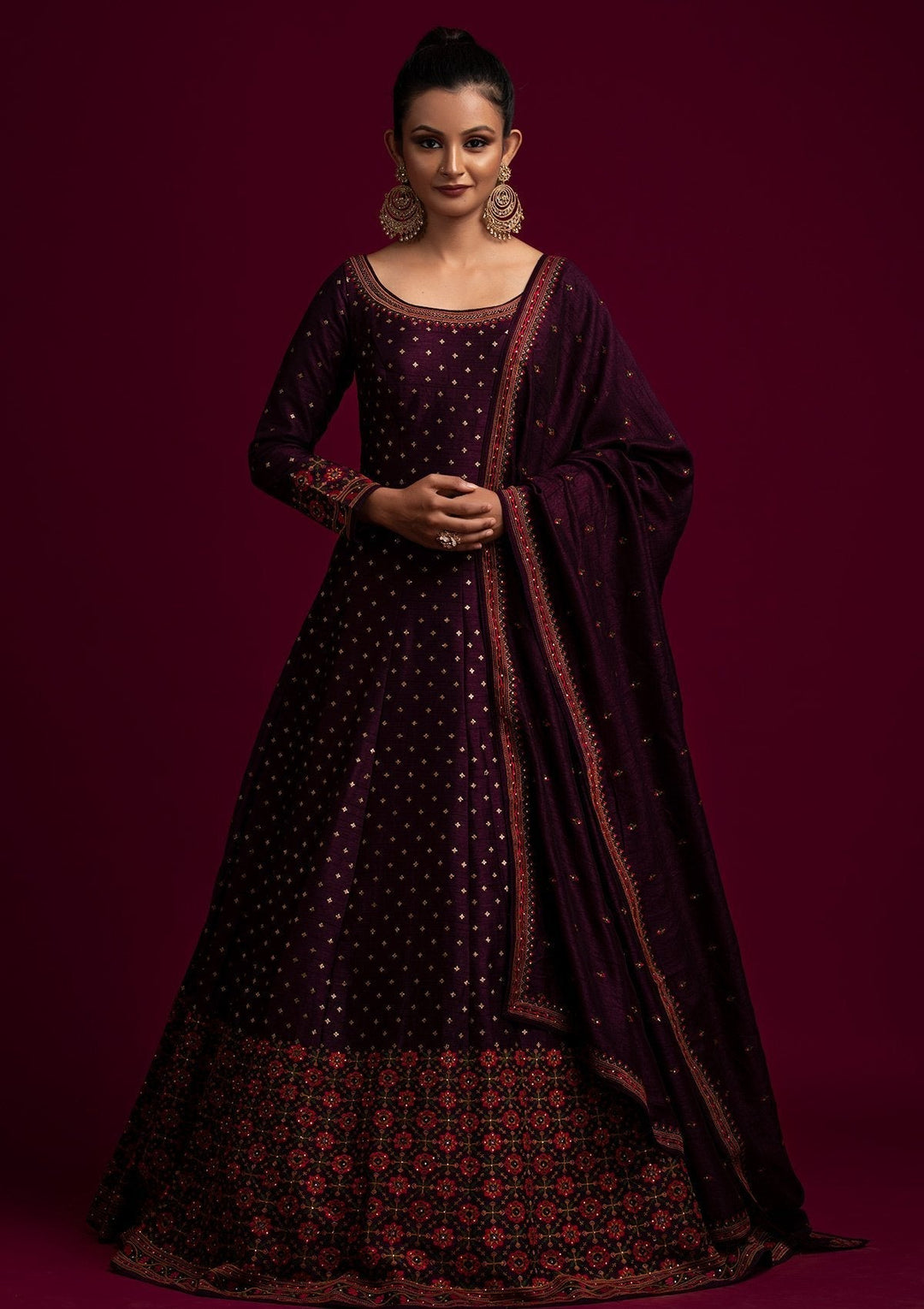 Wine Threadwork Raw Silk Designer Gown - koskii
