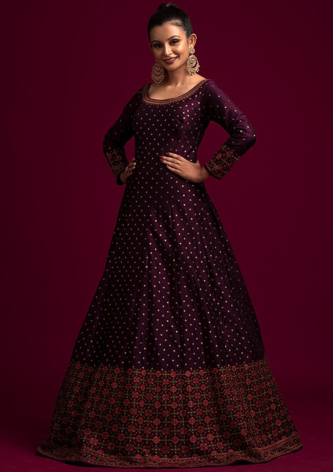 Wine Threadwork Raw Silk Designer Gown - koskii