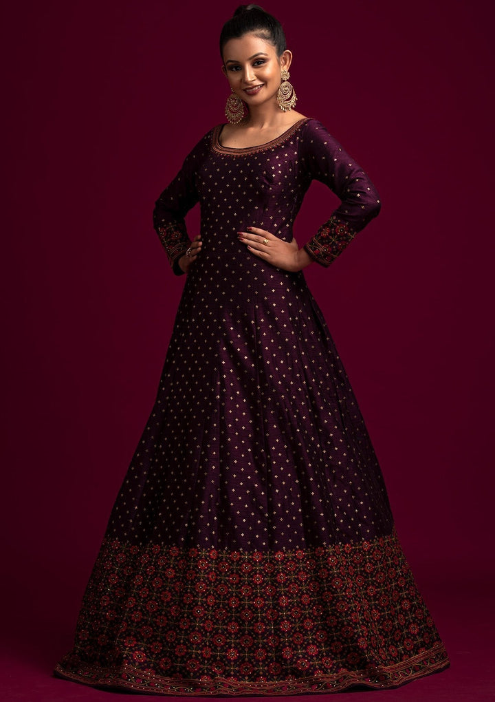 Wine Threadwork Raw Silk Designer Gown - koskii