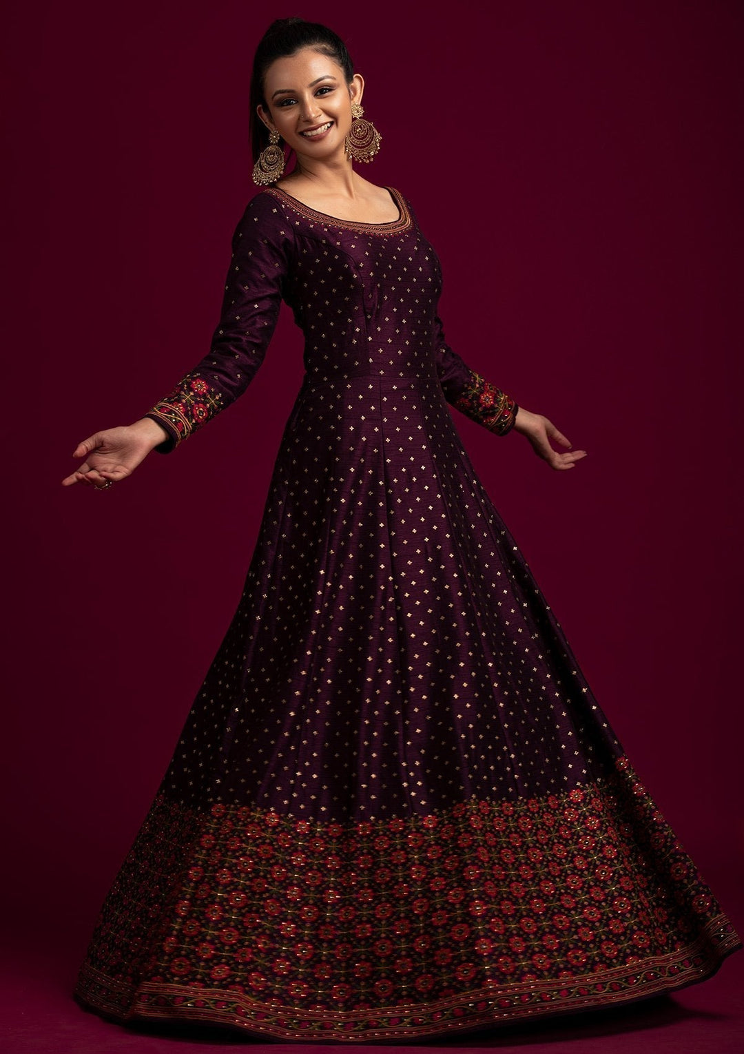Wine Threadwork Raw Silk Designer Gown - koskii