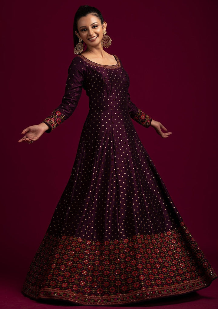 Wine Threadwork Raw Silk Designer Gown - koskii