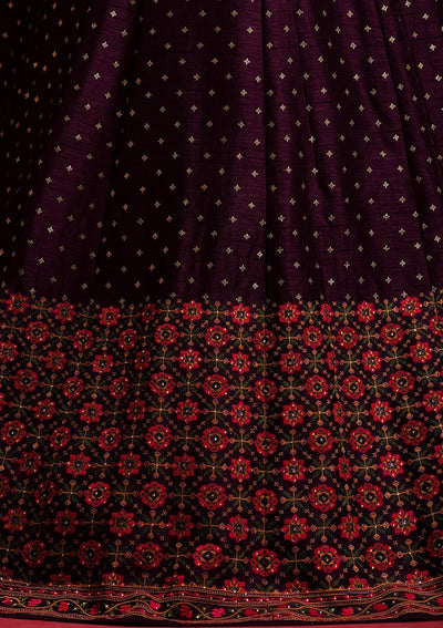 Wine Threadwork Raw Silk Designer Gown - koskii
