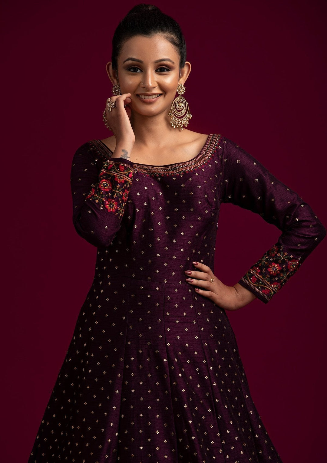 Wine Threadwork Raw Silk Designer Gown - koskii