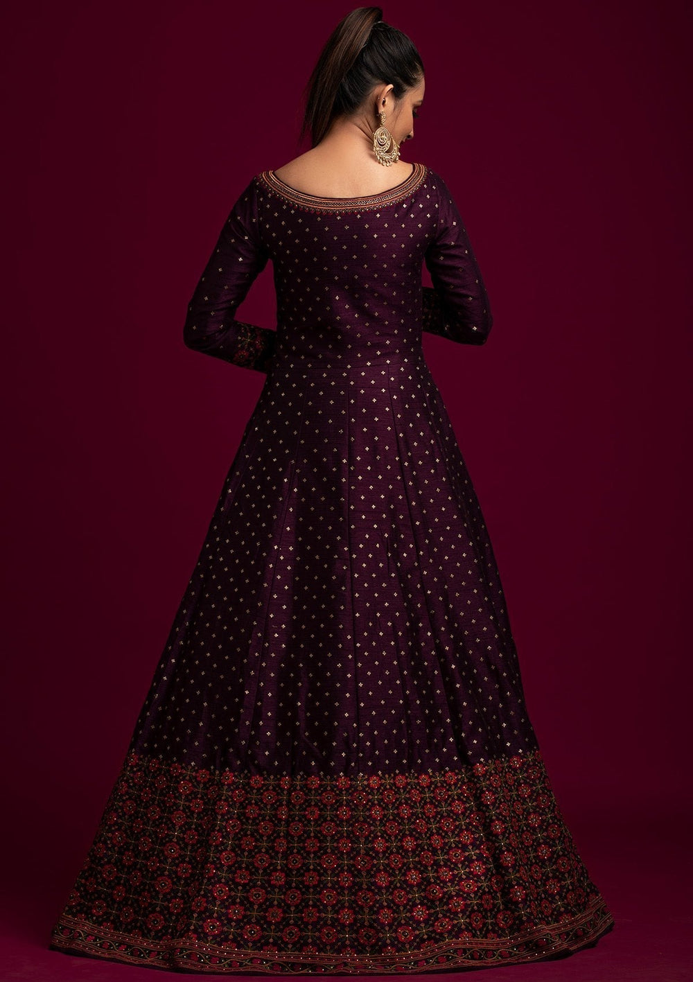 Wine Threadwork Raw Silk Designer Gown - koskii