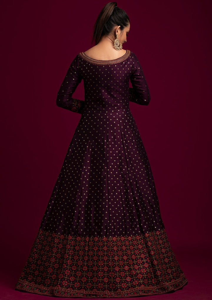 Wine Threadwork Raw Silk Designer Gown - koskii