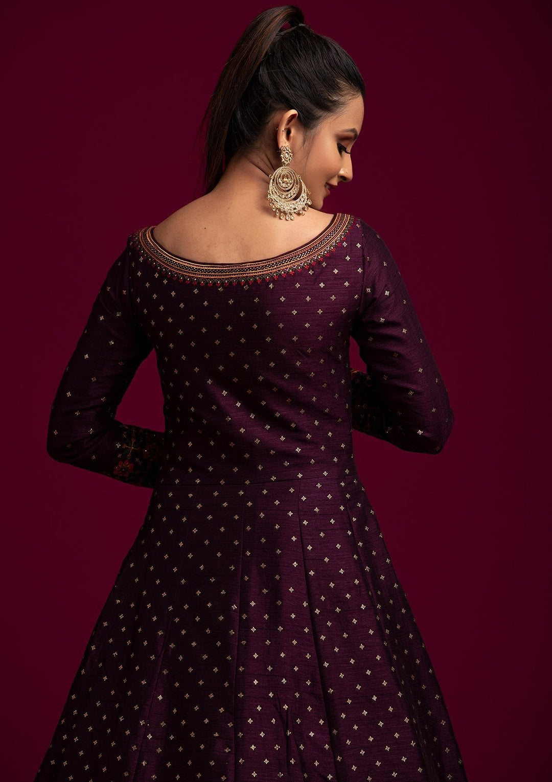 Wine Threadwork Raw Silk Designer Gown - koskii