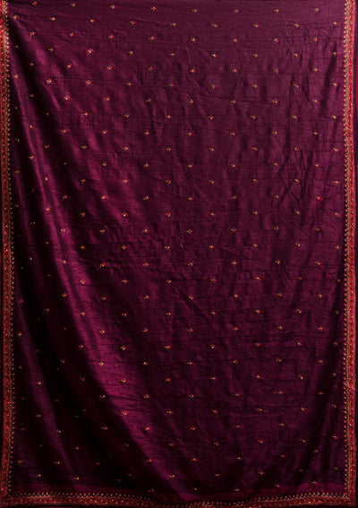 Wine Threadwork Raw Silk Designer Gown - koskii