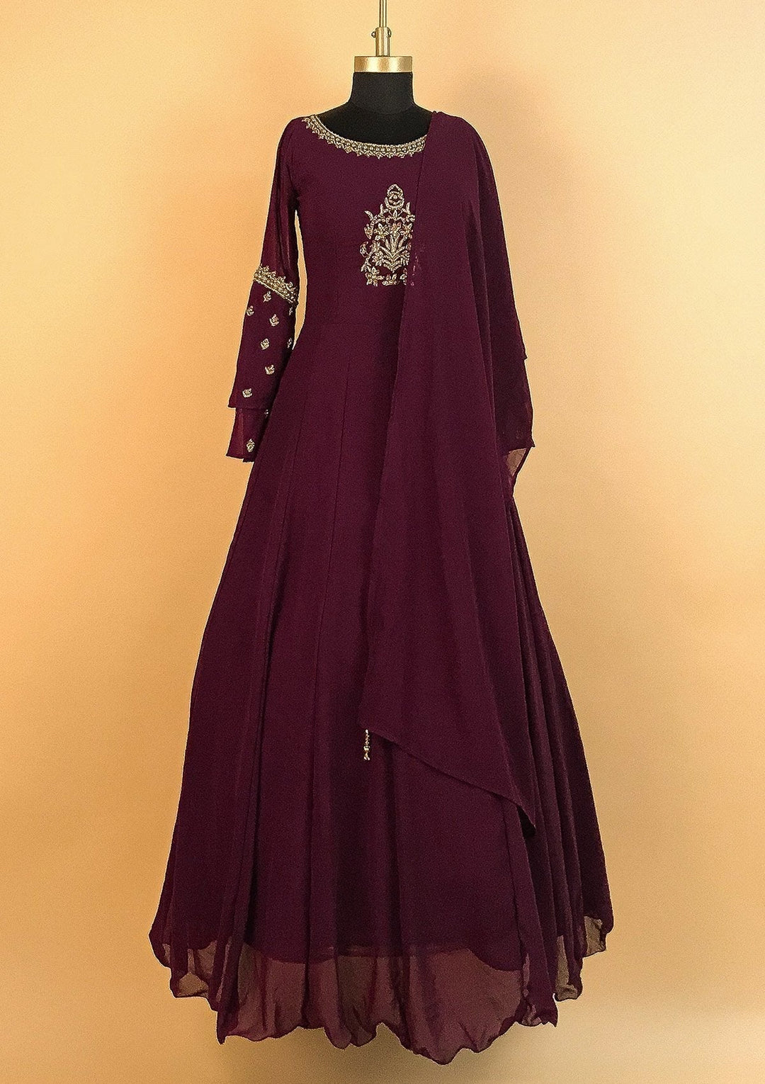 Wine Zardosi Georgette Designer Gown - koskii
