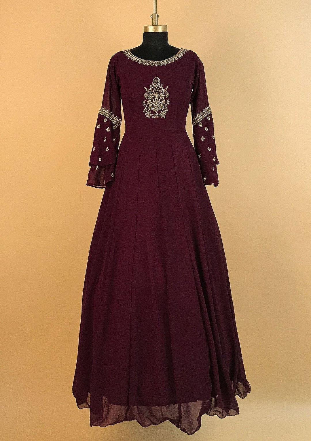 Wine Zardosi Georgette Designer Gown - koskii
