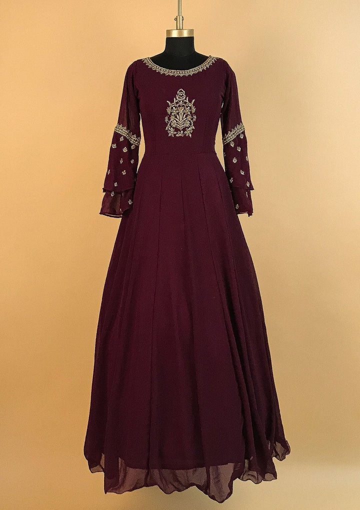 Wine Zardosi Georgette Designer Gown - koskii