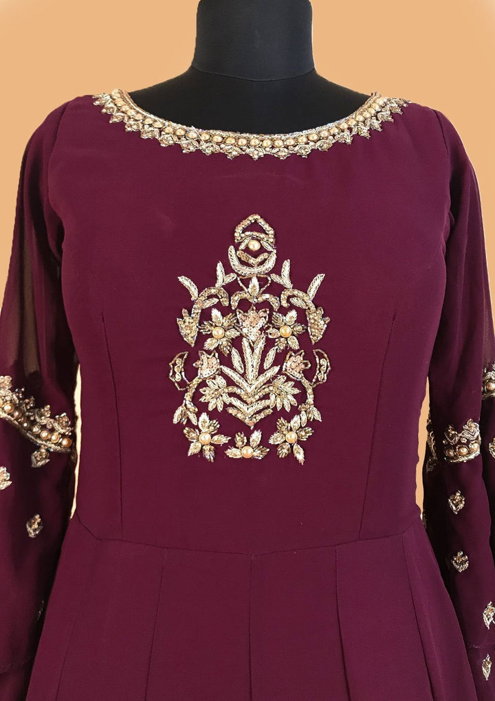 Wine Zardosi Georgette Designer Gown - koskii