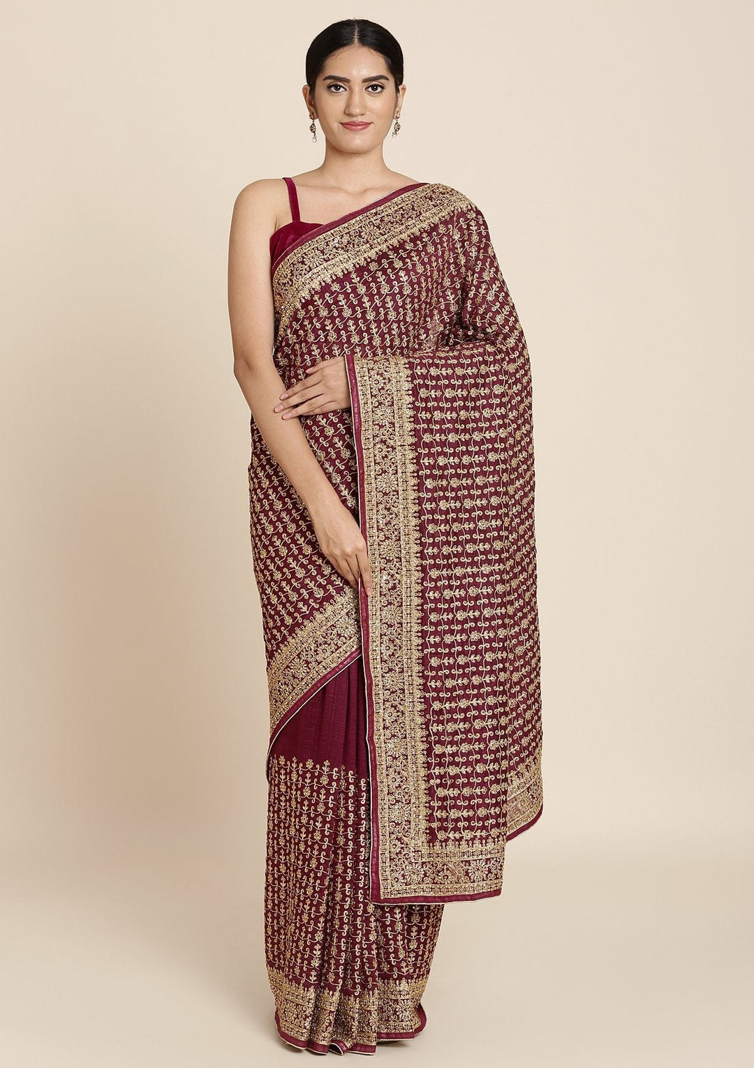 Wine Zariwork Art Silk Designer Saree - koskii