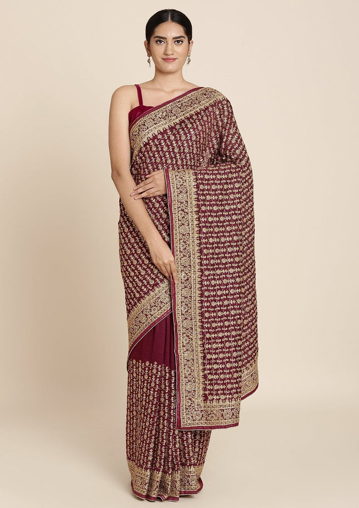 Wine Zariwork Art Silk Designer Saree - koskii