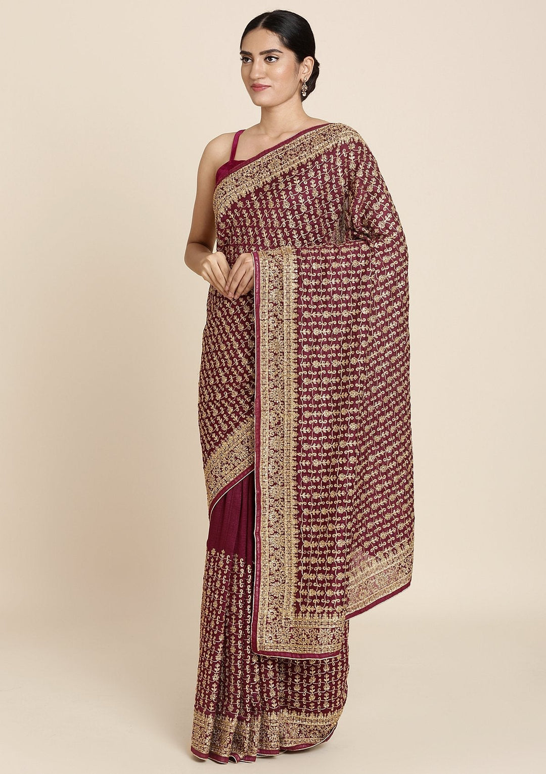 Wine Zariwork Art Silk Designer Saree - koskii