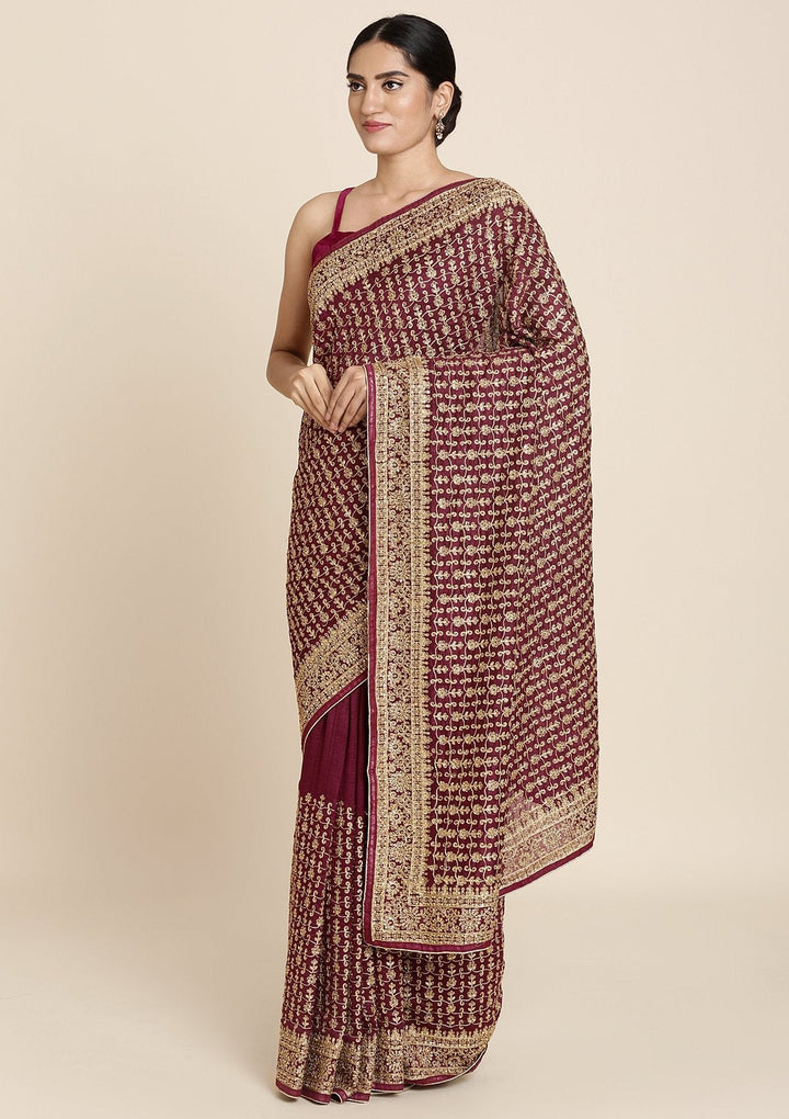 Wine Zariwork Art Silk Designer Saree - koskii